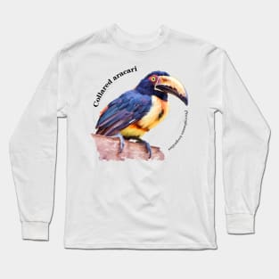 Collared aracari tropical bird pin black text Long Sleeve T-Shirt